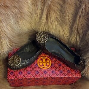Tory Burch Textured brown Flats with Gold Accents